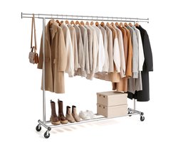 Kledingrek op Wieltjes - Opbergplank - Extra Brede Kledingstang - Zilver - Bodo