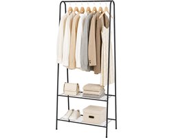 Kledingrek Staand – Kledingrek met Planken – Garderoberek Metaal – Open Kast – Kapstokrek – Zwart – Voor Slaapkamer en Hal