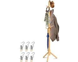 Kledingrek van grenenhout met 8 haken en clip van roestvrij staal, moderne kledingstandaard voor ingang, slaapkamer, kantoor, (natuurlijk oppervlak)