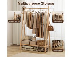 Kledingrek van Massief Hout 100x46x155 cm – Robuuste Garderobestandaard met Stang, Planken en 4 Haken – Vrijstaand Kapstok Rek voor Slaapkamer, Hal en Woonkamer – Natuurlijk Hout – Yesdeals