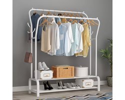 Kledingrek Vrijstaande hanger Dubbele Stangen Multifunctioneel Kledingrek voor Slaapkamers, Dubbellaags, 4 Haken,Wit