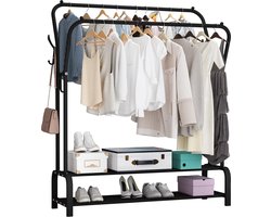 Kledingrek zwart metaal - Kleding rek metaal met kledinghangers - Kledingrek dubbel met schoenenrek - Opbergrek voor kleding - Garderoberek met 2 kledingstangen - Kledingrek met haken - Kledingrek/Garderoberek staand 150 x 110 x 33 CM