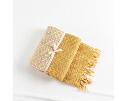 Kleed Malia - Plaid - Warm - Sprei - Deken - Geel met wit _ 130 * 170 cm - Franje