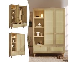 Kleerkast - 180 x 120 x 50 cm - Garderobekast met Rattan en 2 Deuren - Landelijke Stijl - Rattan - Eiken