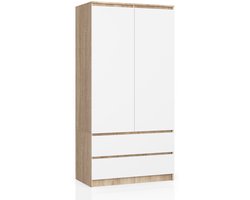 Kleidingkast S90 met 2 Deuren en 2 Lades / AKORD Furniture Factory / Sonoma Eik - Wit / 90 x 180 x 51 cm