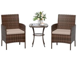 Klein 3-delige Rotan Tuinmeubelset voor Balkon en Terras - Weerbestendig Outdoor Meubilair met Bistrotafel en 2 Stoelen