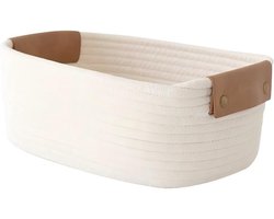 Klein beige geweven katoenen opbergmandje, afmetingen 32*24*13 cm, met afneembaar leren handvat, wasbaar, geschikt voor badkamers en kleedkamers. Opbergmandje voor thuis.