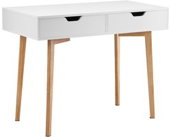 Klein bureau met 2 lades voor slaapkamer, praktisch houten werktafel om te tekenen en te lezen, rechthoekige tafel van MDF met opbergruimte voor thuis of op kantoor, wit en hout
