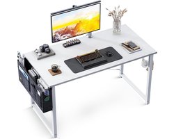 Klein bureau, wit, 100 x 48 x 74 cm, computertafel, bureautafel met koptelefoonhouder en opbergtas, klein bureau, werkkamer, hout, pc-tafel, kantoortafel voor thuis, kantoor