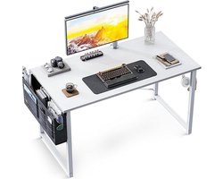 Klein bureau, wit, 80 x 40 x 73,5 cm. Computertafel met hoofdtelefoonhouder en opbergtas. Ideaal voor een kleine werkkamer, thuis of kantoor. Gemaakt van hout, geschikt als pc-tafel of kantoortafel