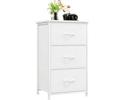 Klein dressoir met 3 afneembare stoffen laden in wit leerlook. Ideaal voor slaapkamer, woonkamer, hal of kinderkamer.