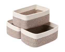 Klein opbergmandje, opbergplank voor in de kledingkast, speelgoedmand, gevlochten touwmand, decoratieve vierkante doos, 11,5 x 7,5 x 4,7 inch, set van 3, wit en bruin.