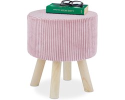 Klein roze velvet krukje rond - Gepolsterde voetenbank met 4 houten poten - Ribcord poef - Afmetingen: 41 x 37 cm