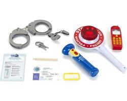 Klein Toys 10-delige politie set - handboeien met sleutel, mobiele speelgoedtelefoon, fluitje, politiescheplepel met zwaailicht en zaklamp - rood wit blauw