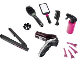 Klein Toys Braun Satin Hair 7 mega kappersset - haardroger, stijltang en haarborstel - incl. stylingaccessoires en ventilator met koude-lucht-mechanisme - zwart roze