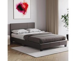 Klein tweepersoonsbed 1,20 m met gestoffeerd kunstleren hoofdbord en laag voeteneinde