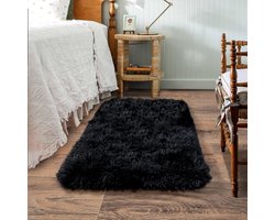 Klein Vloerkleed - Zacht Hoogpolig Tapijt - Woonkamer Decoratie - Anti-slip Onderkant - 2 x 3 Meter - Zwart