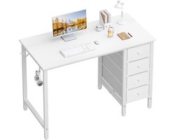 Klein wit bureau met laden voor de slaapkamer, 102 cm kinderen meisjes studeerbureaus, omkeerbare computerschrijftafel met stoffen lade voor kleine ruimtes thuiskantoor manicure