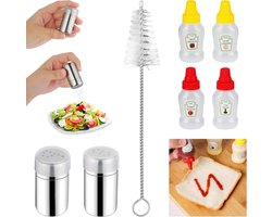 Klein zout en peperstrooier - 2 stuks met gaten - roestvrij staal - 5 ml - mini zoutvaatjes met deksel - 4 stuks sausflessen - 23 ml - kruidenstrooier - roestvrij staal - bento box - camping Zoutpot