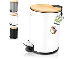 Kleine Badkamerafvalbak - 3L Cosmetica Bamboe Antislip - RVS Pedaalemmer met Soft-Close Deksel - Witte Accessoires - Vuilnisbak 3 Liter
