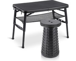 Kleine campingtafel, inklapbaar, met stoelen, in hoogte verstelbaar, kleine lichte opvouwbare tafel, telescopische kruk en netten voor picknick, koken, kamperen, reizen