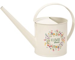 Kleine gieter voor de tuin, decoratieve bloemendouche met 1,2 l inhoud, kan in crème off-white met mooi opschrift "Flower Shower" in blad & bloesem design