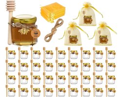Kleine Glazen Potjes voor Honing 45ml met Lepel, Gouden Deksel en Bijenhanger, Ideaal voor Babyshowers, Bruiloften en Feestjes