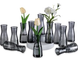 Kleine Glazen Vazen voor Decoratie - Smalle Vaas Grijs 12 Delige Glazen Vaas Set - Minimalistische Bloemenvaas Kleine Tafelvazen Decoratie voor Bruiloft Feest Eettafel Centpiece