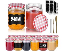 Kleine Inmaakpotten - Set Van 12 - Mason Potten - Ronde Potten - Met Metalen Deksel - 240 ml - Mini Luchtdichte Potten - Transparante Inmaakpot - Voor Honing, Kruiden, Jam (Rood-Wit Geruit) NAIZY