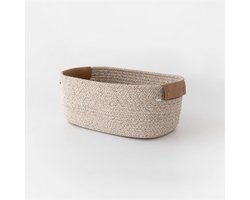 Kleine katoenen mand met PU-leren handvat, geschikt voor het opbergen van baby- en kinderkleding, speelgoed, snoep en cadeautjes. Gemaakt van katoenen touw, geschikt voor in de woonkamer, badkamer, douche of als wasmand. Kan ook gebruikt worden als h