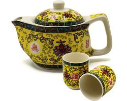Kleine kruidentheepot met 2 kopjes - Long Life Oosters design - Chinese theepot met zeef - Tea for two