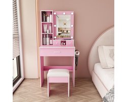 Kleine make-up tafelset met spiegel en verstelbare LED-verlichting - Stopcontact geïntegreerd - Haardrogerhouder inbegrepen - Gepolsterde kruk inbegrepen - Met lades en plank - Roze kleur