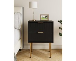 Kleine nachtkastjes met 2 laden - Houten nachtkastje met gouden poten - Moderne bedtafel - Midden van de eeuw - Zwarte slaapkamer woonkamer nachtkastje zwart 60 cm hoog