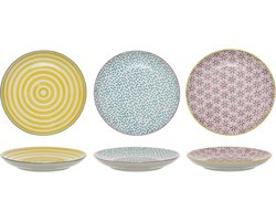 Kleine ontbijtborden set van 3 - Ronde keramische borden 16 cm in blauw, geel en paars