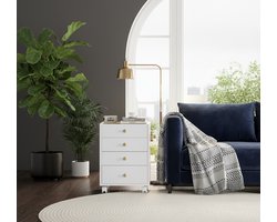 Kleine Opbergkast met 4 Laden – Witte Ladekast met Glasplaat & Wielen – Mobiele Opbergkast voor Onder Bureau of Home Office – Stabiele Kast voor Documenten, Printer & Kantoorbenodigdheden – Industrialhome