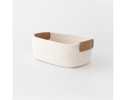 Kleine opbergmand van gevlochten katoenen touw (met handvatten van PU-leer) — Cadeaumand; ideaal voor opbergen in de woonkamer, charmante decoratieve stijl, wit — Afmetingen: 28 x 17 x 11 cm