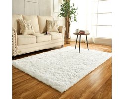 Kleine pluizige tapijten, wasbare lange pluche tapijten, ivoorkleurige stapeltapijten voor de slaapkamer, slaapkamermatten, woondecoratie (ivoor, 60 x 120 cm)