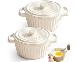 Kleine Porseleinen Mini Cocotte met Deksel en Handvatten - Perfect voor Lasagne, Soufflé en Ovengebruik - Set van 2 Stuks