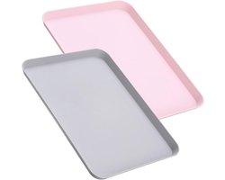 Kleine rechthoekige serveerplankjes, 2 stuks, plastic dienbladen voor thee en koffie, ideaal voor keuken en café, 23×30.5 cm (roze, grijs)