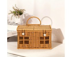 Kleine Rieten Mand in Cottage-stijl, Mini Creatief Tuinopbergrek Van Kunststof Wilgentenen Met Deksel, Decoratieve Handgeweven Miniatuur Poppenhuis Picknickmand, Geschikt Voor Pasen, Opslag, Boerderij-interieur