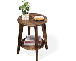 Kleine ronde bijzettafel – Houten tafel met onderste plank, modern nachtkastje voor woonkamer, slaapkamer en kleine ruimtes, retro bruin