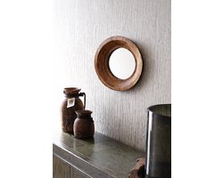 Kleine ronde houten spiegel gemaakt van een teak houten frame met een spiegel leuk voor in de hal, slaapkamer, toilet of babykamer
