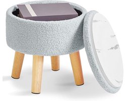 Kleine ronde Ottomaanse voetbank met opslag, gewatteerde zitting - Teddy fluweel grijs-blauw - Woonkamer slaapkamer entree