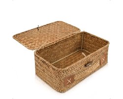 Kleine rotan opbergmand met deksel van natuurlijk zeegras - multifunctionele rieten mand voor speelgoed, cosmetica en meer