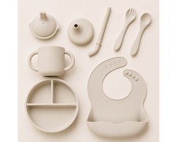 Kleine Smulders® Baby Servies Set Siliconen 8-delig Kinder Bestek: Bord met Zuignap + Bestek + Slabbetje + Drinkbeker met 2 opzetstukken, Rietje & Tuit | Vaatwasser, Magnetron, Oven & Vriezer Bestendig | BPA Vrij | Wit