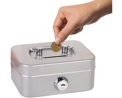 Kleine stalen box - slot kist - veilige spaarpot met sleutel - breedte 11.5 cm - grijze fooienpot