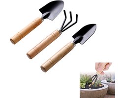 kleine tuingereedschapset - Plantgereedschapset met kleine tuinspade - ergonomische handhark - roestbestendige handgreep van massief hout - Spade voor graven en verzorging van kamerplanten - zwart - 3-delige