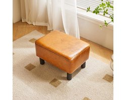 Kleine voetenbank 16.5" PU Lederen Ottomaanse Voetsteun Moderne Thuis Woonkamer Slaapkamer Rechthoekige Kruk met Gewatteerde Zitting Pine Houten Benen Oranje RF-BD217.