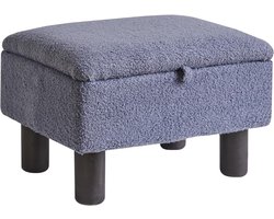 Kleine voetenbank met opbergruimte – Blauwegrijze Ottomaanse poef van faux teddybont met houten poten voor woonkamer en slaapkamer