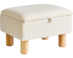 Kleine voetenbank met opbergruimte – Witte Ottomaanse poef van faux teddybont met houten poten, multifunctionele kruk voor woonkamer, slaapkamer en kantoor